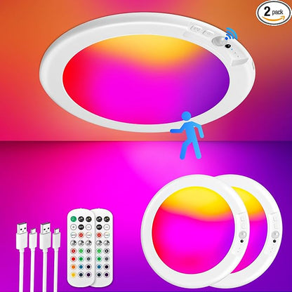 Rechargeable Motion Sensor Ceiling Light, Battery Closet Light 12 RGB Color | Wireless Battery Powered LED Shower Light, Magnetic Cordless Ceiling Light with Remote, Overhead Lamp for Pantry Shed, 2-Pack