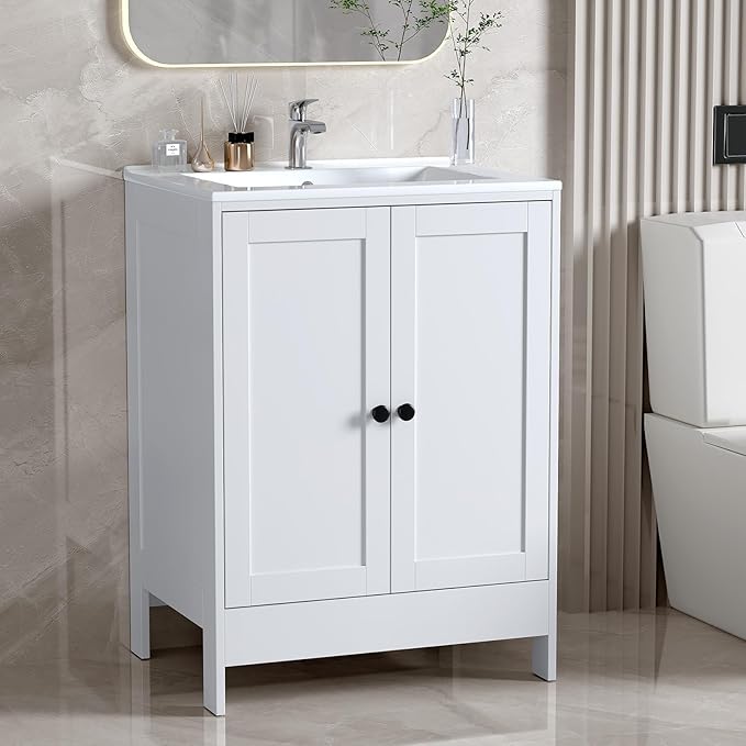 VINGLI 24 Inch White Bathroom Vanity with Sink, Modern Freestanding Sink Vanity with Soft-Close Doors and Storage Shelves, White Bathroom Cabinet with Single Hole Ceramic Basin for Small Bathrooms
