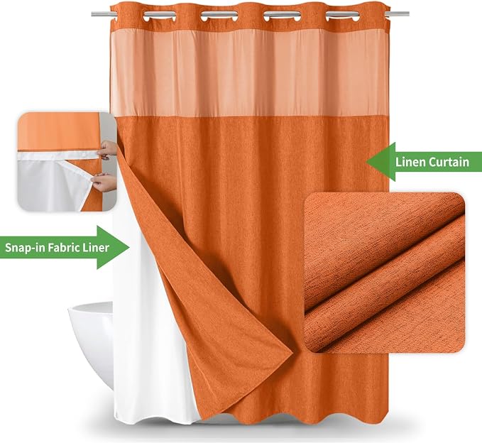 eachope No Hook Fabric Shower Curtain with Snap-in Liner,71x74 Burnt Orange | Linen Texture,230GSM Thick Fabric,Hotel Luxury Decor,Mesh Window,Bottom magnetic ,Waterproof & Machine Washable,for Bathroom