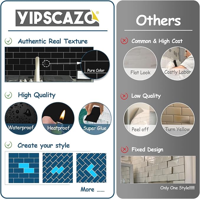 Yipscazo 2026 New Upgrade Peel and Stick backsplash 3 x 6 Inches, Backsplash Tile Peel and Stick Tile for Kitchen, Bathroom, Laundry Room, Fireplace(Polished Marble Black, 160 Pieces)