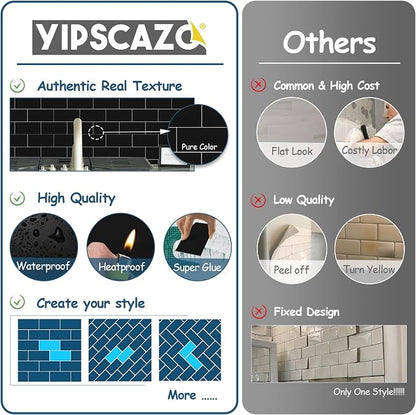 Yipscazo 2026 New Upgrade Peel and Stick backsplash 3 x 6 Inches, Backsplash Tile Peel and Stick Tile for Kitchen, Bathroom, Laundry Room, Fireplace(Polished Marble Black, 160 Pieces)