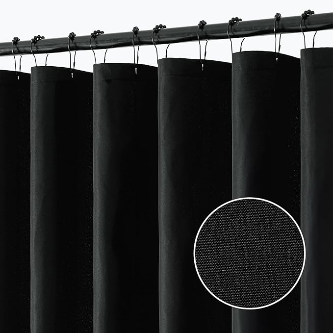 ANRODUO Black Extra Long Linen Fabric Shower Curtain Set - W72xL96 | Farmhouse Shower Curtain with 12 Metal Hooks, Waterproof Heavy Duty, Button Hole Design, Machine Washable for Bathroom