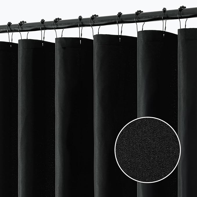 ANRODUO Black Linen Textured Fabric Shower Curtain Set - W72xL84 | Farmhouse Shower Curtain with 12 Metal Hooks, Waterproof Heavy Duty, Button Hole Design, Machine Washable for Bathroom