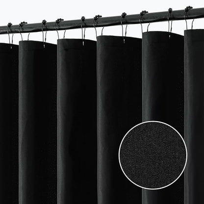 ANRODUO Black Linen Textured Fabric Shower Curtain Set - W72xL72 | Farmhouse Shower Curtain with 12 Metal Hooks, Waterproof Heavy Duty, Button Hole Design, Machine Washable for Bathroom