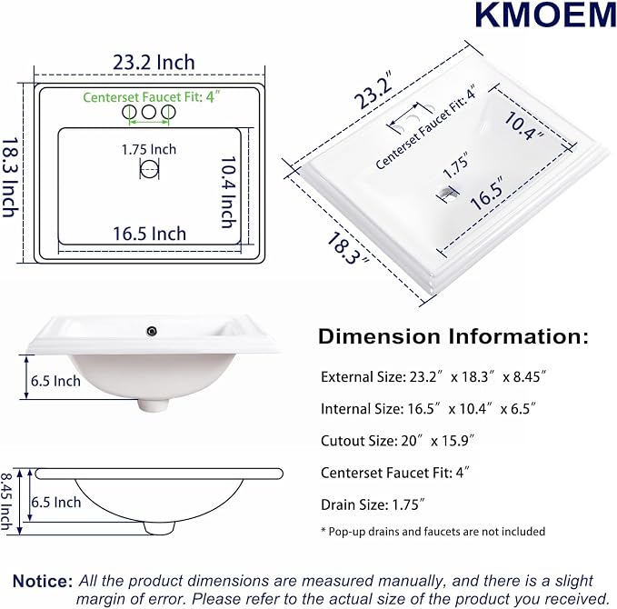 23.2"x18.3" Drop In Bathroom Sink with 3 Faucet Holes - 4 Inch Centerset Semi Recessed Rectangular Vessel Sink White Porcelain Ceramic with Overflow and Three 1.18" Faucet Holes for Vanity Top
