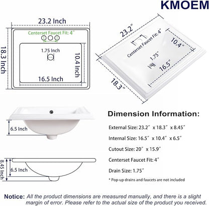 23.2"x18.3" Drop In Bathroom Sink with 3 Faucet Holes - 4 Inch Centerset Semi Recessed Rectangular Vessel Sink White Porcelain Ceramic with Overflow and Three 1.18" Faucet Holes for Vanity Top