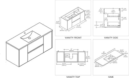 Blossom 48 Inch Bathroom Vanity with Sink, Wall Mounted All-Wood Floating Bathroom Vanity Cabinet with Ceramic Sink, Vanities for Bathroom, 2 Doors and Soft-Closing U-Shaped Drawers, Silver Grey