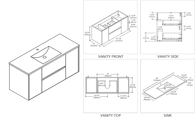Blossom 48 Inch Bathroom Vanity with Sink, Wall Mounted All-Wood Floating Bathroom Vanity Cabinet with Ceramic Sink, Vanities for Bathroom, 2 Doors & Soft-Closing U-Shaped Drawers, Glossy White