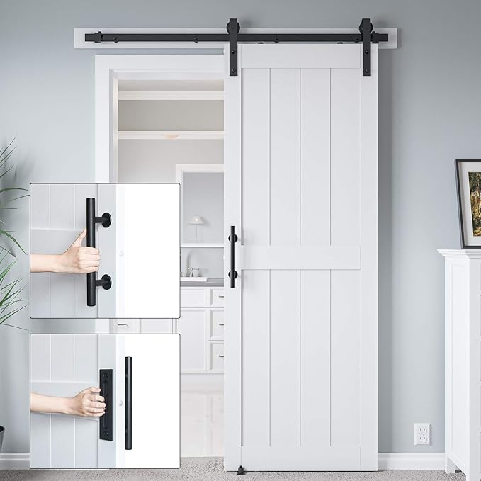 32in x 84in MDF Sliding Barn Door with 6ft Barn Door Hardware Kit & Handle | White Solid Barn Door Slab Covered with Water-Proof PVC Surface, Pre-Drilled Holes Easy Assembly, H-Frame