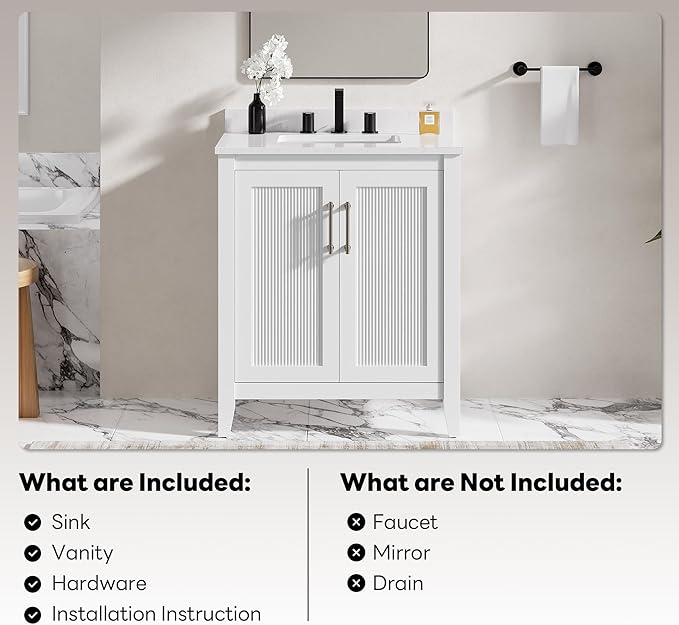 LIKIMIO 30" Bathroom Vanity with Sink, Freestanding Bathroom Vanity with 2 Soft-Close Doors, Engineered Stone Countertop with Undermount Ceramic Sink, Modern Stripe Design, Easy Assembly, White