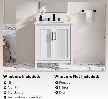 LIKIMIO 30" Bathroom Vanity with Sink, Freestanding Bathroom Vanity with 2 Soft-Close Doors, Engineered Stone Countertop with Undermount Ceramic Sink, Modern Stripe Design, Easy Assembly, White