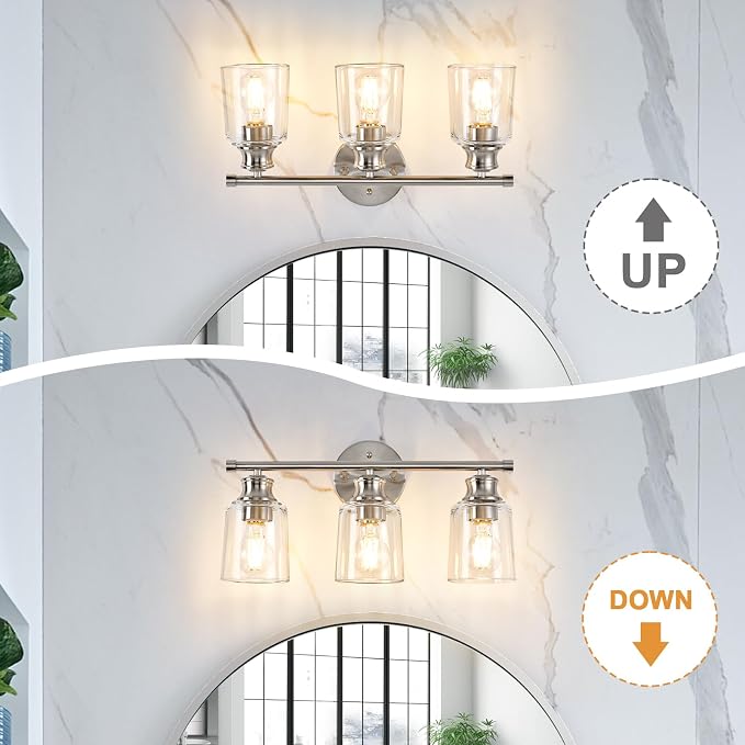 Bathroom Light Fixtures Over Mirror, 3 Lights Vanity Lights with Clear Glass Shade, 18.1" Brushed Nickel Farmhouse Bathroom Wall Light Fixtures for Bedroom, Hotel, Mirror Cabinet