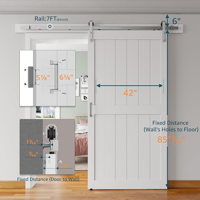 42''x84'' Sliding Barn Door with 7 Ft Brushed Nickel Hardware Kit | Pre-Drilled Holes Easy Assembly - Include Installation Manual, Water-Proof PVC Surface, H-Frame, White