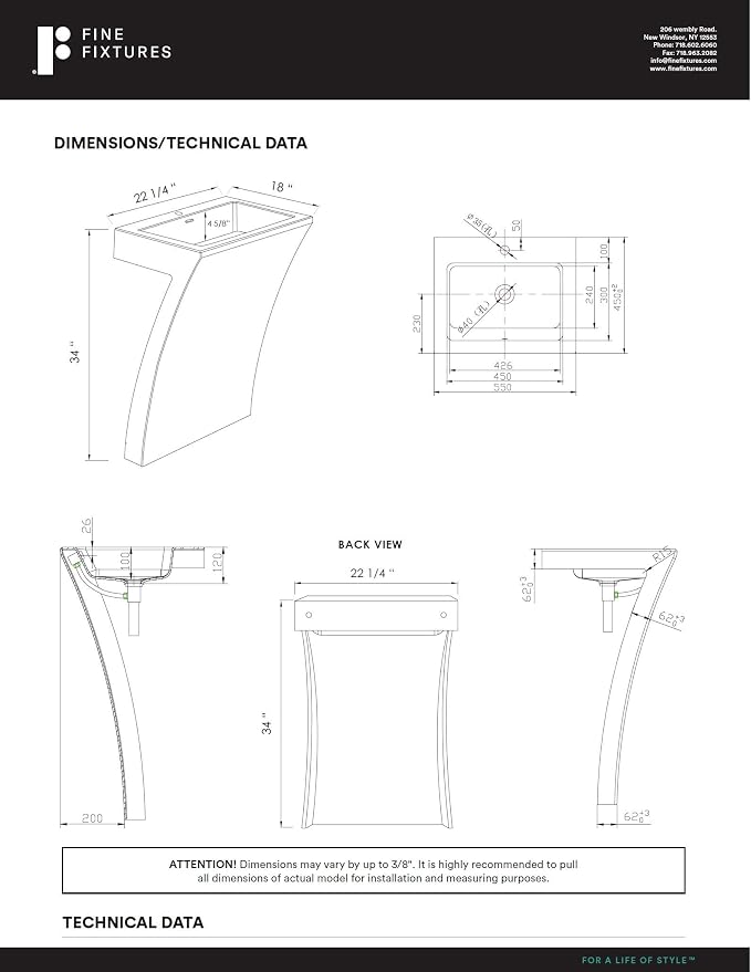 7-Shape Cedar Falls Modern Vanity Pedestal Sink, White, By Fine Fixtures