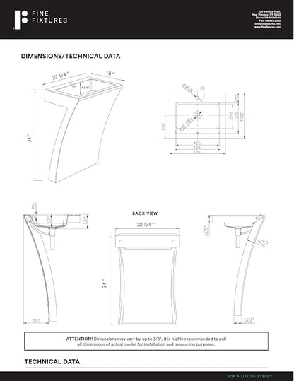 7-Shape Cedar Falls Modern Vanity Pedestal Sink, White, By Fine Fixtures
