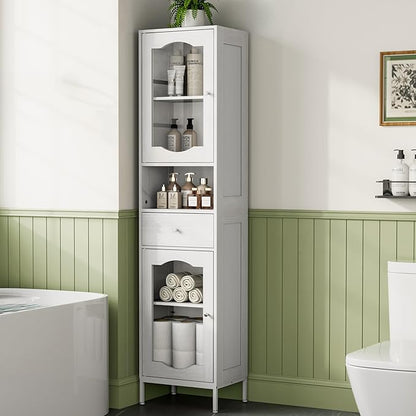 66.4" Tall Bathroom Storage Cabinet with Adjustable Shelves and Glass Doors, Anti-Tipping Narrow Cabinet, Linen Cabinet for Bathroom, Kitchen, Living Room, Cloud White