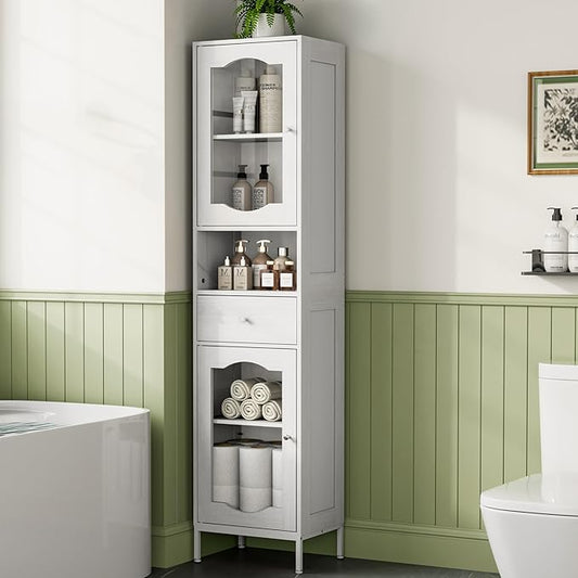 66.4" Tall Bathroom Storage Cabinet with Adjustable Shelves and Glass Doors, Anti-Tipping Narrow Cabinet, Linen Cabinet for Bathroom, Kitchen, Living Room, Cloud White