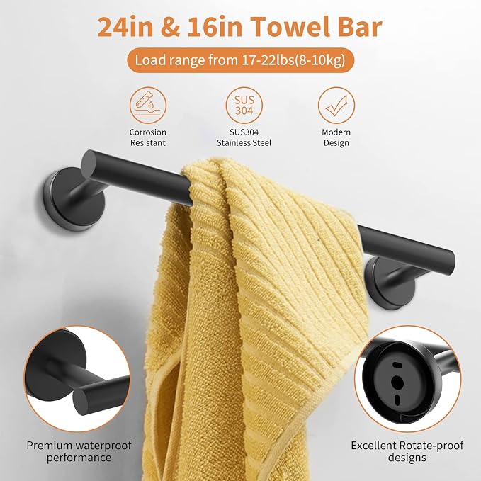Cilee 10 Piece Matte Black Bathroom Hardware Set, 24 16 inch Towel Bar Set | 24 & 16 inch Towel bar, Toilet Paper Holder, Towel Ring, Towel Hook, Bathroom Accessories Set Stainless Steel Wall Mounted