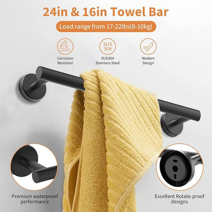 Cilee 10 Piece Matte Black Bathroom Hardware Set, 24 16 inch Towel Bar Set | 24 & 16 inch Towel bar, Toilet Paper Holder, Towel Ring, Towel Hook, Bathroom Accessories Set Stainless Steel Wall Mounted
