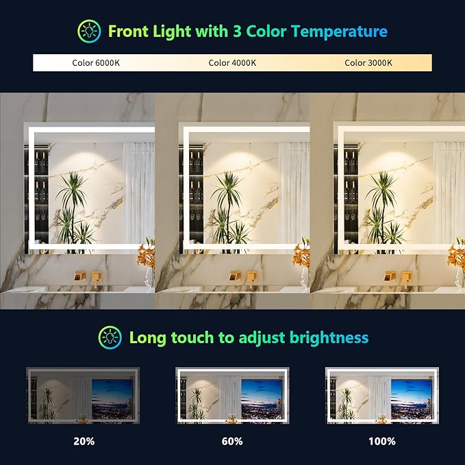 96x36 LED Bathroom Mirror with Lights, RGB Backlit Lighted Mirror | Backlit and Front Light, Anti-Fog, 3 Color Dimmable, Memory, Tempered Glass, IP54 Waterproof, UL Listed