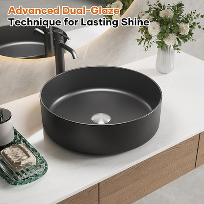 15.7" Round Vessel Sink, Matte Black Ceramic Above Counter Sink | Matte Black Finish, High-Density Ceramic, Scratch & Crack Resistant, Deep Splash Guard Basin, Easy To Clean For Bathroom