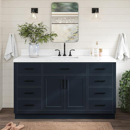 ARIEL Hepburn 60-inch Bathroom Vanity with Sink,Solid Wood, 1.5-inch Carrara White Quartz Countertop, Single Rectangular Porcelain Sink, 2 Soft Closing Doors, 9 Dovetail Drawers, Midnight Blue