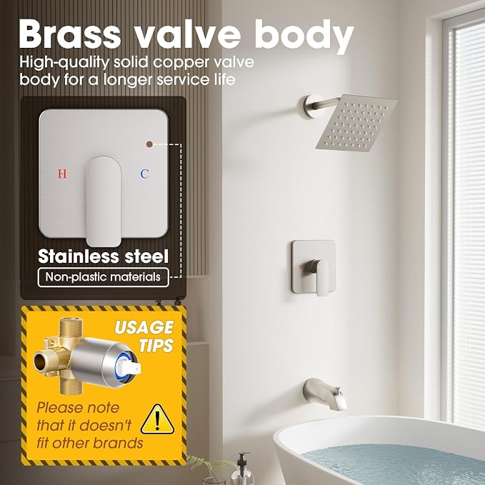 Shower Faucet Set Bathtub Faucet Set with Valve Included Shower Valve Kit with All-Metal High Flow Tub Spout,6 Inch High Pressure Head,Solid Brass Valve Body and Metal Handle Trim,Brushed Nickel