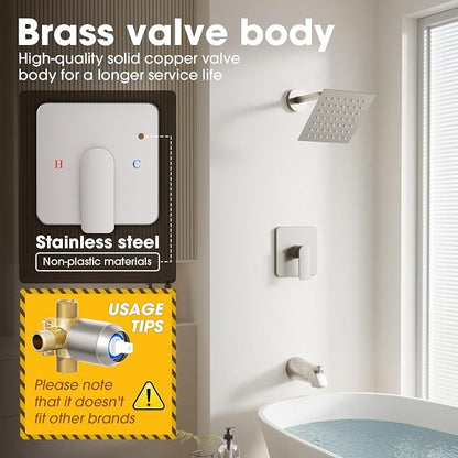 Shower Faucet Set Bathtub Faucet Set with Valve Included Shower Valve Kit with All-Metal High Flow Tub Spout,6 Inch High Pressure Head,Solid Brass Valve Body and Metal Handle Trim,Brushed Nickel