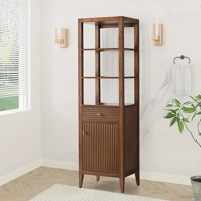 HOMEBEYOND Bathroom Vanity with Storage Cabinet & Shelves, Free-Standing Vanity with Soft-Closing Doors, Golden Brushed Handware, Walnut