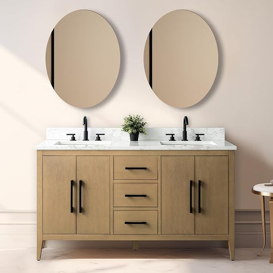 Vanity Art 60 inch Bathroom Vanity with Double Sink & Ceramic Top, Vanity Cabinet with Soft-Closing Doors, Drawers, Solid Wood Frame, Natural Oak, VVA9060-DNO-MB1