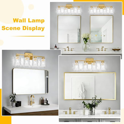 4-Light Bathroom Light Fixtures, Brushed Gold Vanity Lights Over Mirror | Wall Sconces with Clear Textured Glass Shades for Living Room Bedroom Hallway,E26 Base (Bulbs Not Included)