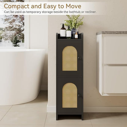 IBUYKE Small Bathroom Storage Cabinet with Rattan Door, Narrow Toilet Paper Storage Holder,Floor Cabinet with Adjustable Shelves, Space-Saving Organizer for Toiletries UWBS001B