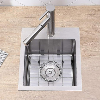 VCCUCINE Drop in Bar Sink, 15x15 Inch Topmount RV Small Kitchen Sink, Handmade Stainless Steel Wet Bar Sink, Outdoor Single Bowl, Brushed Nickel Prep Sink with Accessories