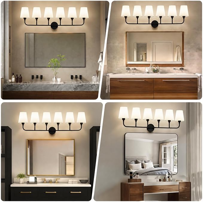 Bathroom Vanity Light, Matte Black Bathroom Lighting Fixtures Over Mirror | 6-Light Bathroom Light Fixtures with Flared White Fabric Shade, E26 Socket (ETL Listed)