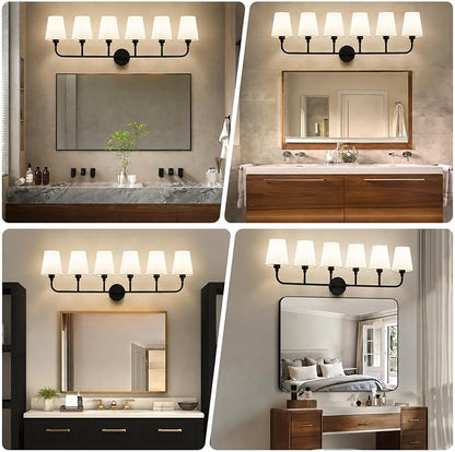 Bathroom Vanity Light, Matte Black Bathroom Lighting Fixtures Over Mirror | 6-Light Bathroom Light Fixtures with Flared White Fabric Shade, E26 Socket (ETL Listed)