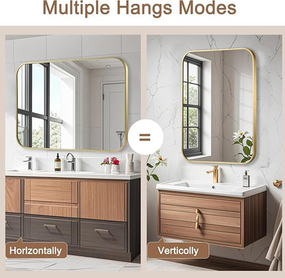 Brushed Gold Mirror, 24"x32" Rectangle Bathroom Mirror, Metal Frame Rectangle Corner Vanity Mirror, Wall Mounted Mirror for Modern, Living Room, Bedroom, Horizontal Or Vertical