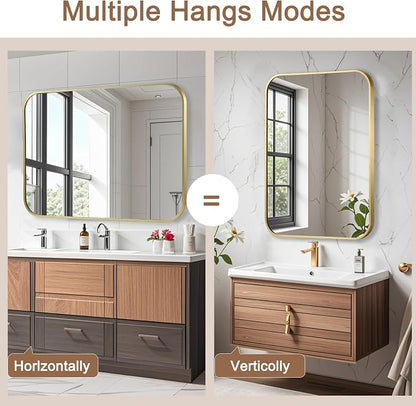 Brushed Gold Mirror, 40"x30" Rectangle Bathroom Mirror, Metal Frame Rectangle Corner Vanity Mirror, Wall Mounted Mirror for Modern, Living Room, Bedroom, Horizontal Or Vertical