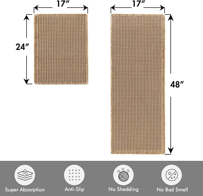 MIULEE Set of 2 Waffle Bathroom Rugs Boho Bath Mat Brown 17"x24"+17"x48" | Non Slip, Super Absorbent, Washable, Ultra Soft, Rubber Backed, Small Bath Rug and Bathroom Runner for Floor Tub Shower