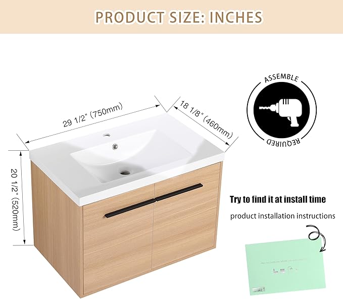 30" Floating Bathroom Vanity,30 Inch Bathroom Vanity with Sink,Single Sink Wall Mounted Vanity Combo,Brown Wall Mounted Cabinet Set
