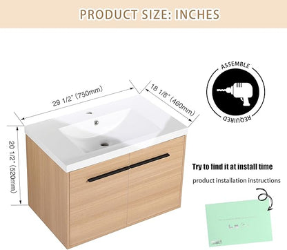 30" Floating Bathroom Vanity,30 Inch Bathroom Vanity with Sink,Single Sink Wall Mounted Vanity Combo,Brown Wall Mounted Cabinet Set