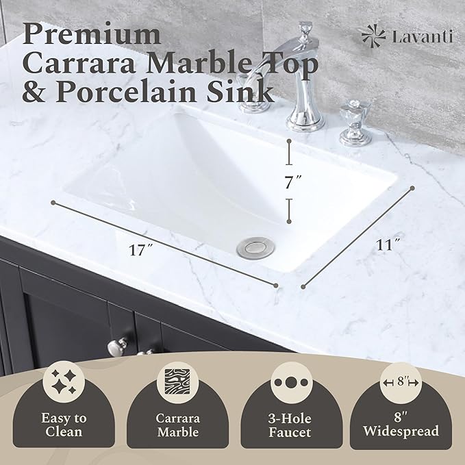 Lavanti Dumiat 60 Inch Bathroom Vanity with Sink – Stylish Espresso Vanity Bathroom with Storage Cabinet – Modern Bathroom Vanities with Double Vanity Sink & Carrara Marble Countertop