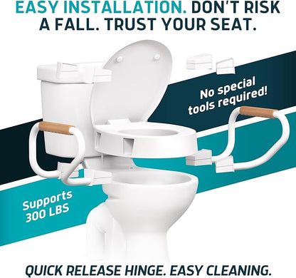 Lunderg Raised Toilet Seat with Handles - Round - Easy to Install Toilet Seat Risers for Seniors - Adds 3 Inches & Works like the one you’ve always used - Elegant design - No Hospital Vibe