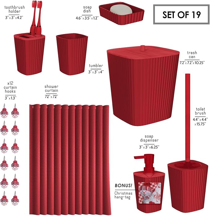 Clara Clark Bathroom Accessories Set - Christmas Shower Curtain Set, Xmas Bathroom Set, Christmas Bathroom Decor, Bathroom Accessory Set, Toilet Brush, Trash Can & Soap Dispenser - 19PC Set | 20 Piece Bathroom Accessories Set with Toothbrush Holder, So...
