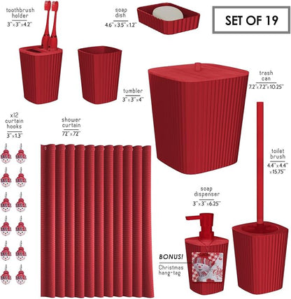 Clara Clark Bathroom Accessories Set - Christmas Shower Curtain Set, Xmas Bathroom Set, Christmas Bathroom Decor, Bathroom Accessory Set, Toilet Brush, Trash Can & Soap Dispenser - 19PC Set | 20 Piece Bathroom Accessories Set with Toothbrush Holder, So...
