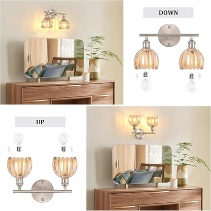 Bathroom Light Fixtures, 2-Light Vanity wall Light Over Mirror with Amber Tulip Glass Shade for Bedroom Living Room (Bulb Not Included), Satin Nickel