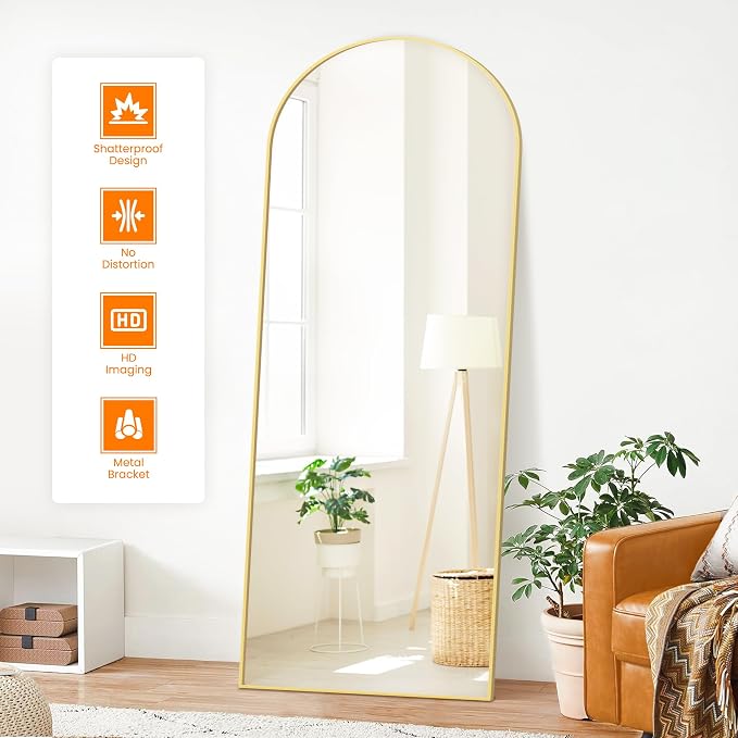 Arched Full Length Mirror, 70"x24" Standing Body Mirror for Wall, Gold | Built-in Stand, HD Shatterproof Glass, Aluminum Alloy Frame, Hanging or Standing, for Bedroom, Living Room & Dressing Room