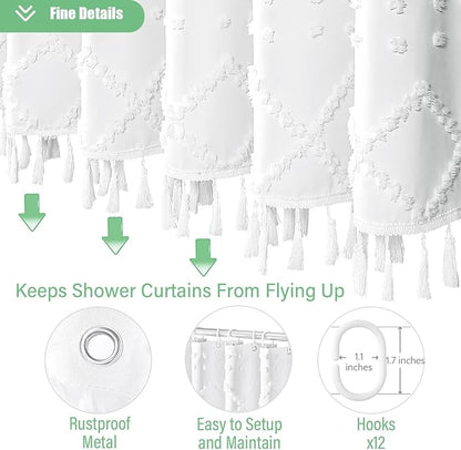 Extra Long Boho Shower Curtain Tufted Geometric 72"x90" White | 90 Inch Tall, Elegant Tassel, Lightweight Textured Fabric, Water Repellent, Washable, Hotel Spa, for Bathroom/Dorm 12 Hooks
