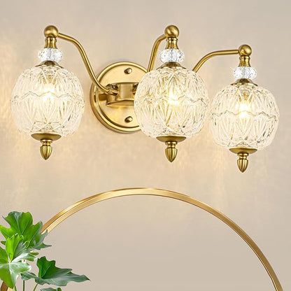 Vintage Bathroom Vanity Light, 3-Light Mid Century Brushed Gold Finish Wall Sconce with Globe Glass Shades, Retro Mirror Light for Bathroom, Powder Room