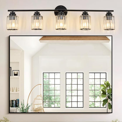 37.4" Crystal Bathroom Lighting Fixtures Over Mirror, 5-Light Balck Vanity Light Fixture, Vanity Lights with Clear Crystal Shade, E26 Base Wall Sconces for Bathroom, Bedroom, Hallway
