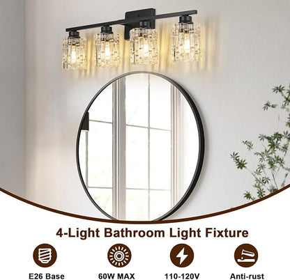 Refice 4-Light Bathroom Vanity Lights Crystal Glass, Black | Bathroom Light Fixtures Vanity Lighting Over Mirror for Living Room Farmhouse, Hallway